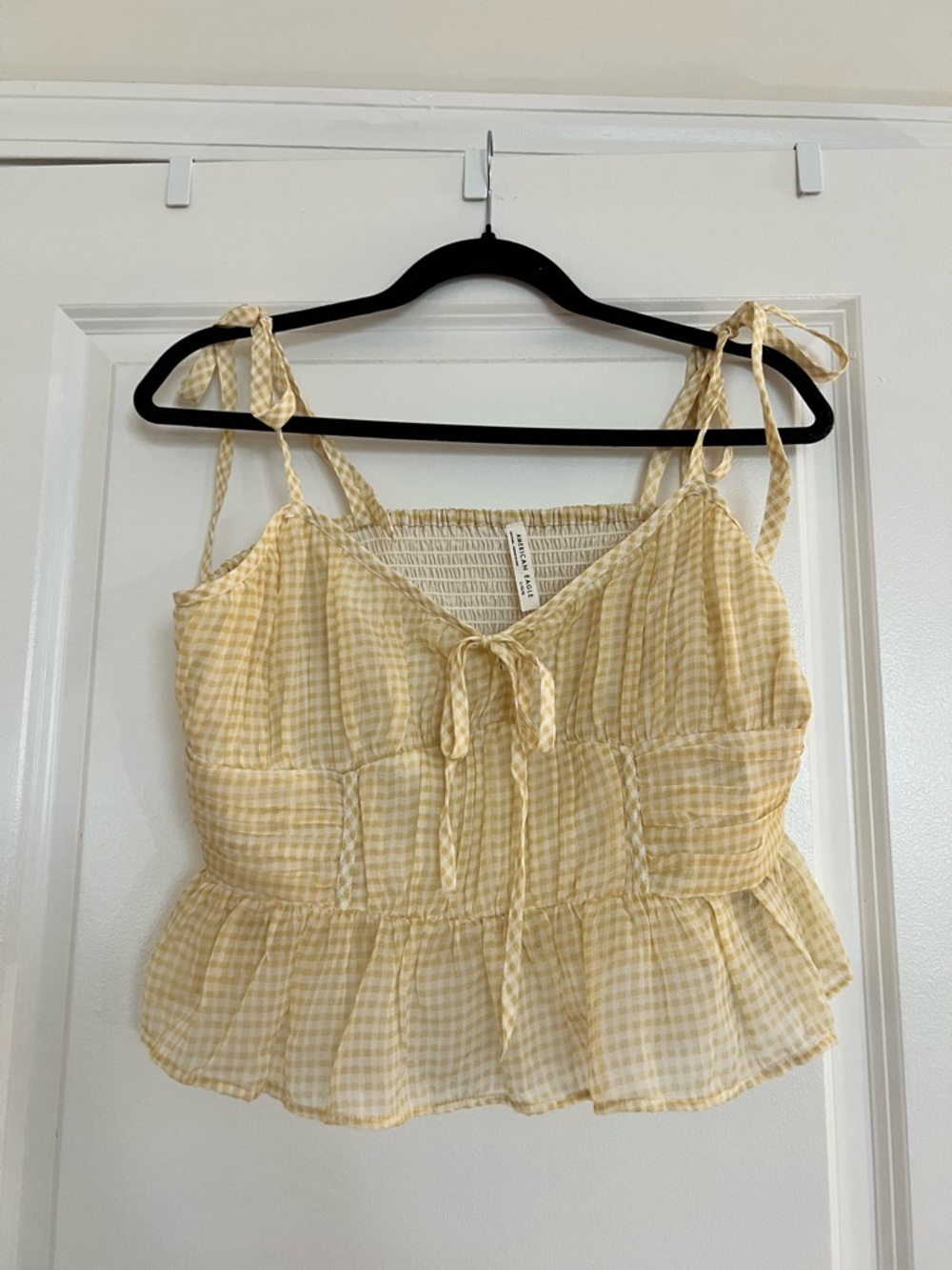 American Eagle Yellow Gingham Tie-Shoulder Smocked Peplum Top